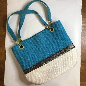 Turquoise & White Straw Tote Bag